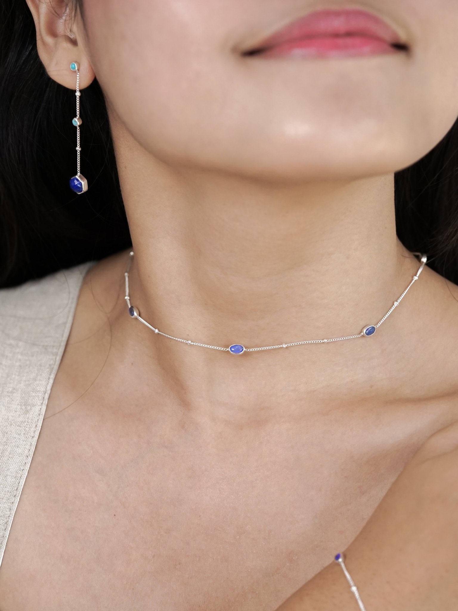 Orion's Belt, Blue Dichroic Necklace, Silver